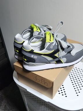 Diadora Grey and Neon Yellow Retro Runner Sneakers